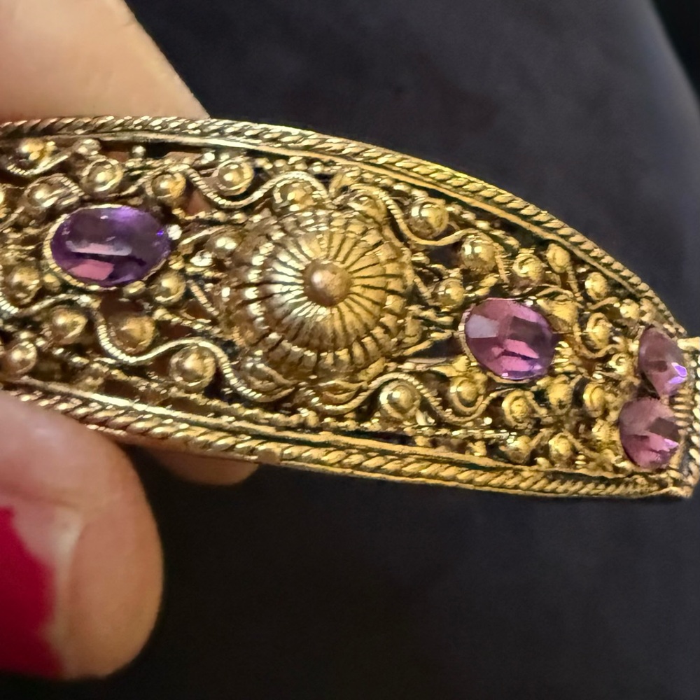 Hollycraft Vintage Georgian StyleGold Tone and Purple Rhinestone Cuff Bracelet